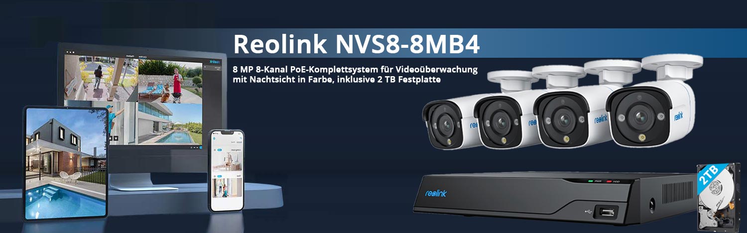 Reolink NVS8-8MB4 8 MP 8-Kanal PoE-Komplettsystem für Videoüberwachung mit Nachtsicht in Farbe, inklusive 2 TB Festplatte